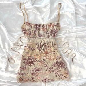 Younique Y2K Boho Paisley Floral Lace Trim Cami Top Tan Red Small